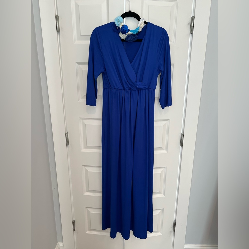 Stretchy forgiving maternity maxi with removable embellished belt